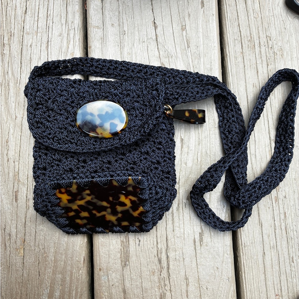 Stylish Navy Crochet Mini Bag with Tortoise Accents